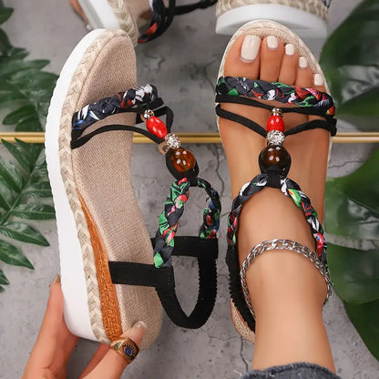 Sandales Femme à Talon Compensé Bohème – Chaussures d’Été Confortables à Petit Talon