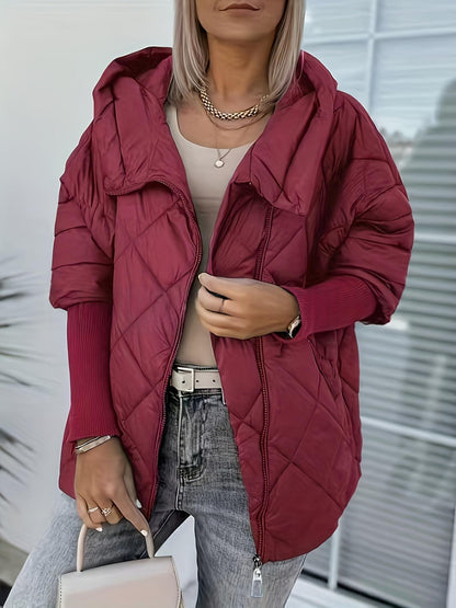 Women’s Hooded Puffer Jacket with Zip Closure – Chic and Warm Patchwork Style for Winter