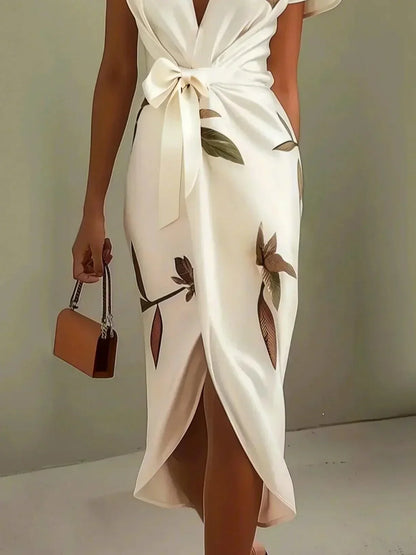 Robe Midi Portefeuille Élégante en Satin Femme – Imprimé Floral Manches Courtes