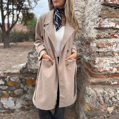 Cardigan-cappotto da donna con lacci – Giacca casual a maniche lunghe in misto lana, con revers e tasche