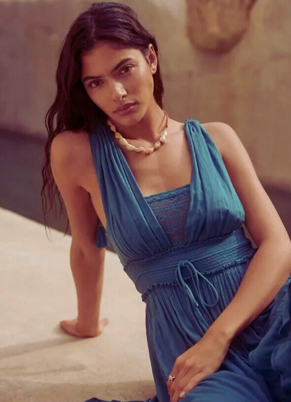 Robe Maxi Bleu Malachite Femme – Style Long Élégant et Fluide