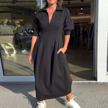 Robe Midi Femme à Col et Décolleté V – Coupe Élégante et Décontractée avec Poches pour un Confort Quotidien