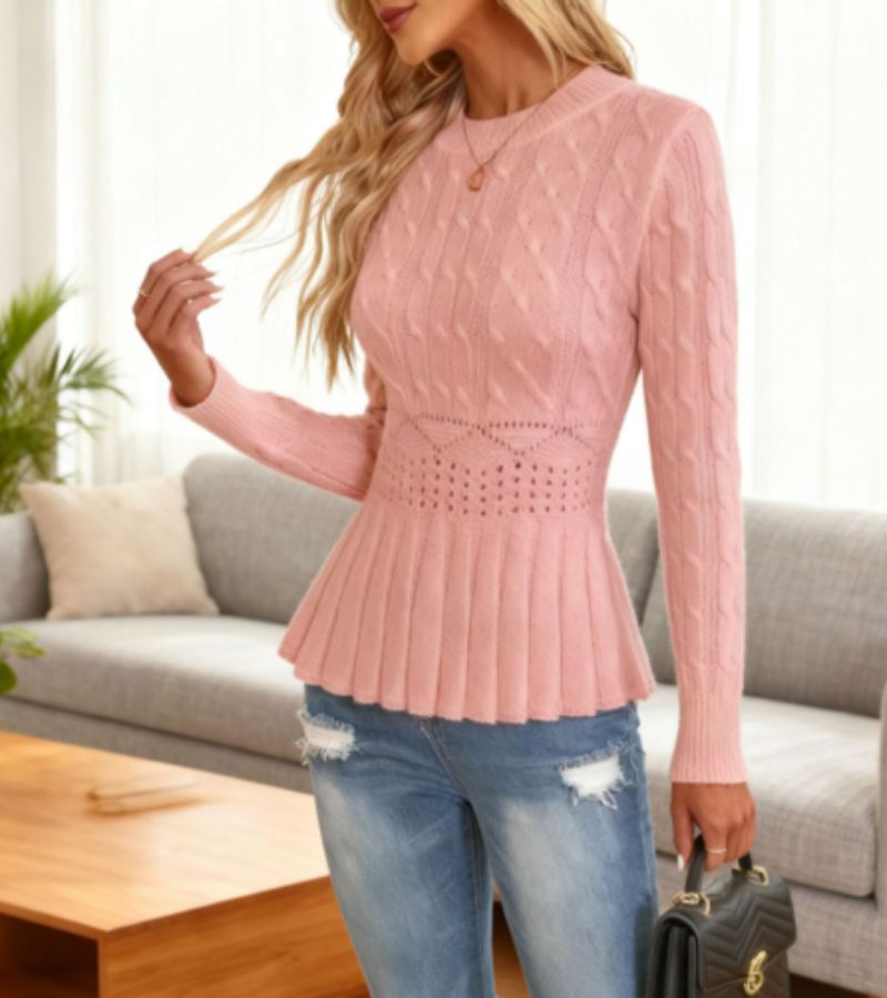 Pull Élégant Côtelé à Basque Femme – Maille Épaisse Col Rond