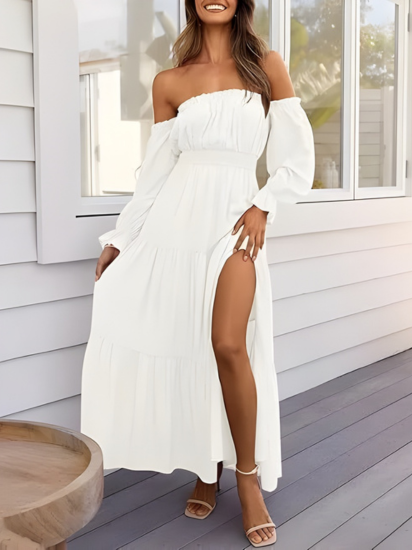 Robe longue bohème à épaules dénudées pour femme – Robe d'été trapèze fendue et à volants