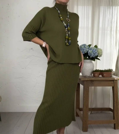Ensemble Tricot Élégant Femme – Pull Col Roulé Côtelé et Jupe Midi