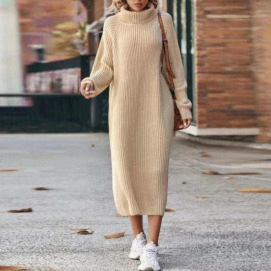 Robe midi en tricot à manches longues – Robe pour femme à col roulé