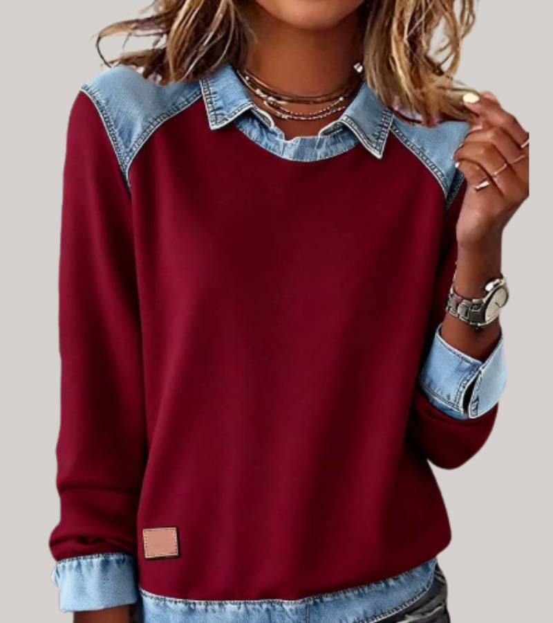 Pull Élégant Bimatière Femme – Sweat Confort avec Finition Denim