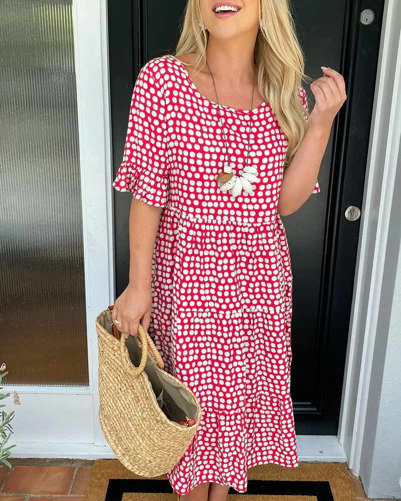Robe midi pour femme à col rond et imprimé à pois