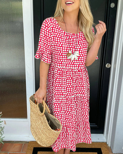 Robe midi pour femme à col rond et imprimé à pois