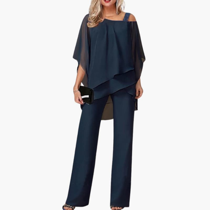 Ensemble Chiffon Épaules Dénudées Femme – Haut Élégant et Pantalon Large