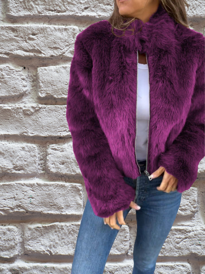 Veste Femme Courte Zippée Manches Longues Avec Fausse Fourrure