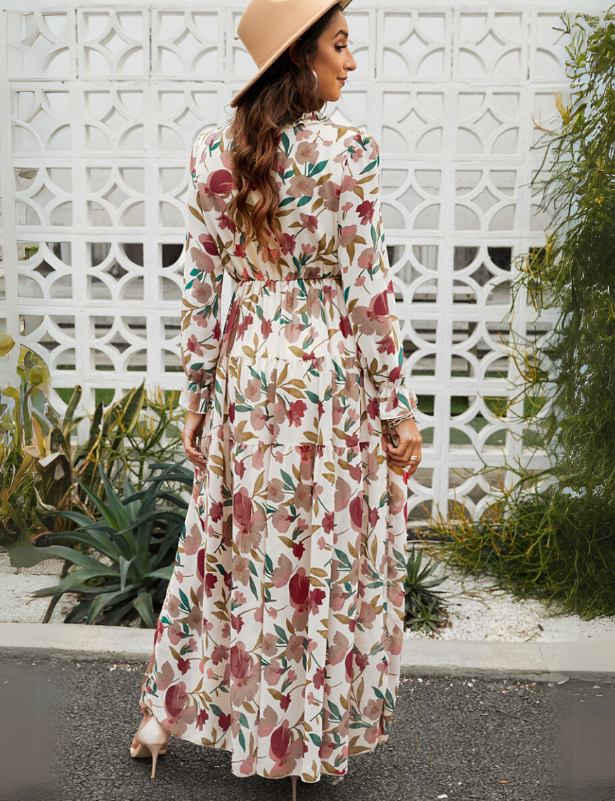 Robe Maxi Bohème en Chiffon à Fleurs Femme – Style Élégant Fluide à Manches Longues