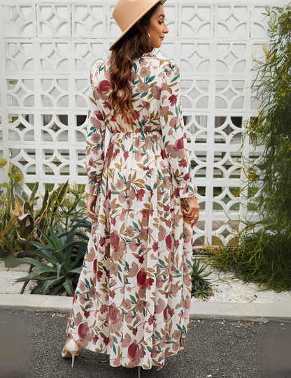 Robe Maxi Bohème en Chiffon à Fleurs Femme – Style Élégant Fluide à Manches Longues