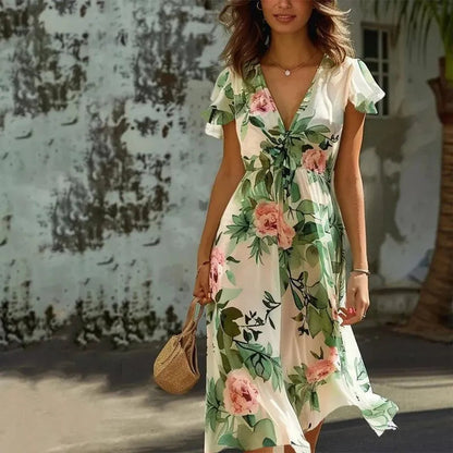 Robe midi fleurie verte femme – Robe élégante et fluide d’été
