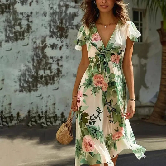 Robe midi fleurie verte femme – Robe élégante et fluide d’été