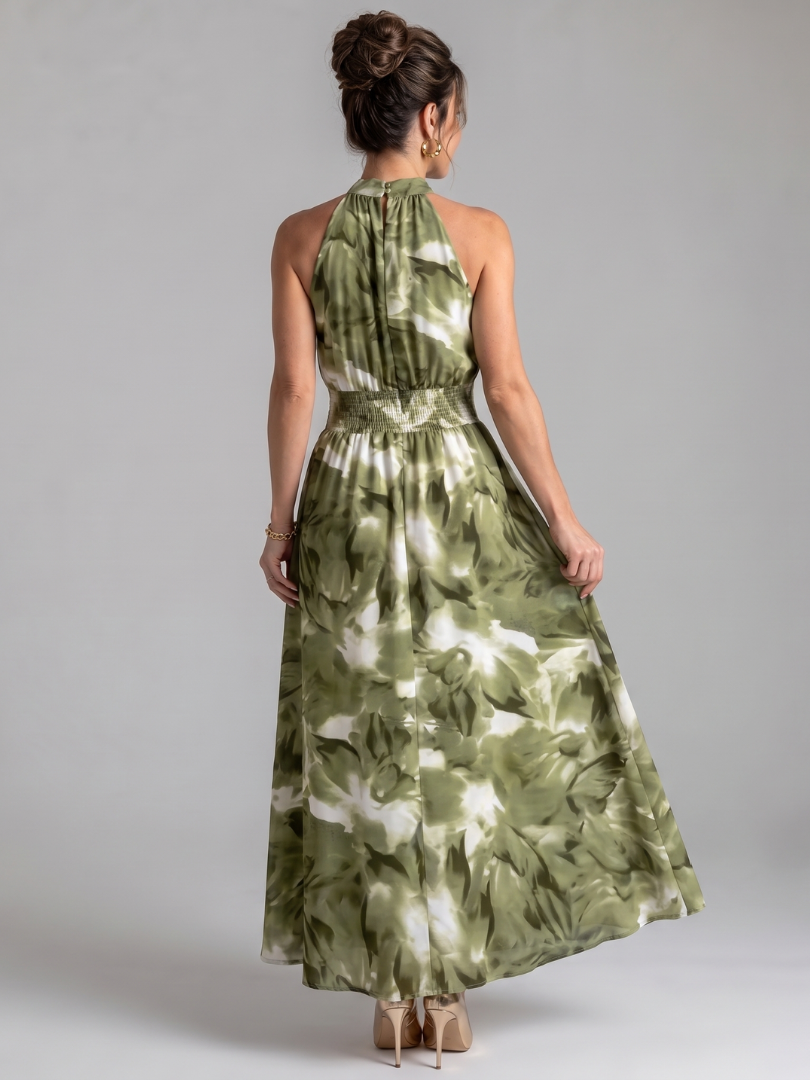 Women's Midi Dress with Abstract Print and Ruched Waist - Flowing and Elegant