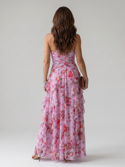 Women's Floral Maxi Dress with Halter Neck and Ruched Bustier - Refined and Summery