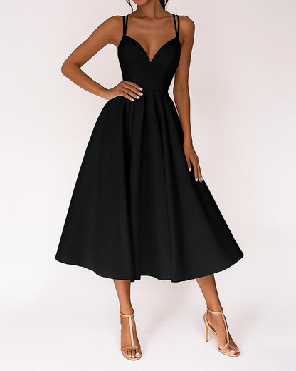 Robe Midi Élégante pour Invitée de Mariage Femme – Robe Flare Plissée à Décolleté V et Bretelles