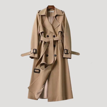 Gabardina femenina entallada con cinturón y doble botonadura – estilo elegante atemporal