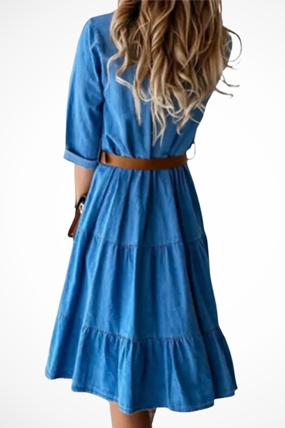 Robe-chemise midi en jean à volants pour femme – Style décontracté chic avec ceinture, idéal au quotidien