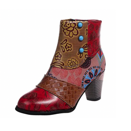 Bottes Femme Boho à Motifs Floraux – Talon Épais Confortable avec Fermeture Éclair