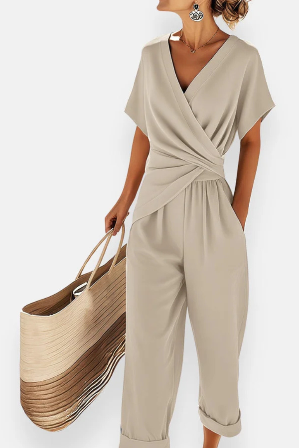 Combinaison courte portefeuille pour femme – Manches courtes et poches – Style décontracté d'été