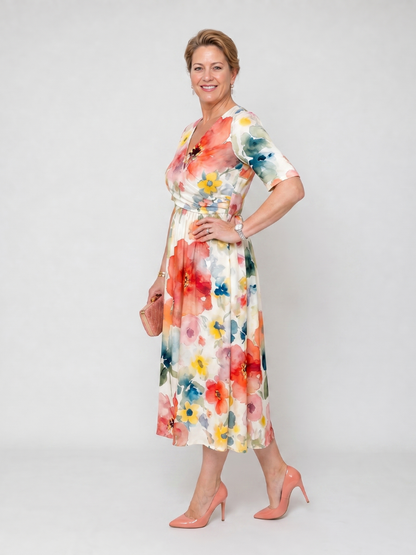 Women's floral midi dress with V-neck and short sleeves - Light and flattering