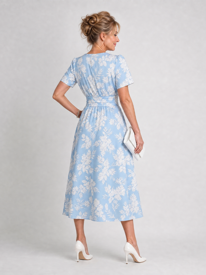 Women's floral midi dress with V-neck and short sleeves - Lightweight and summery
