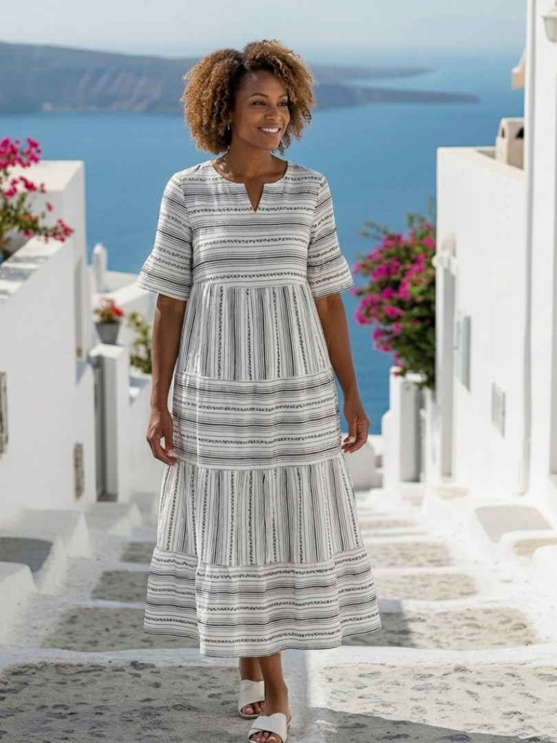 Robe midi rayée à volants femme – Manches courtes et allure légère