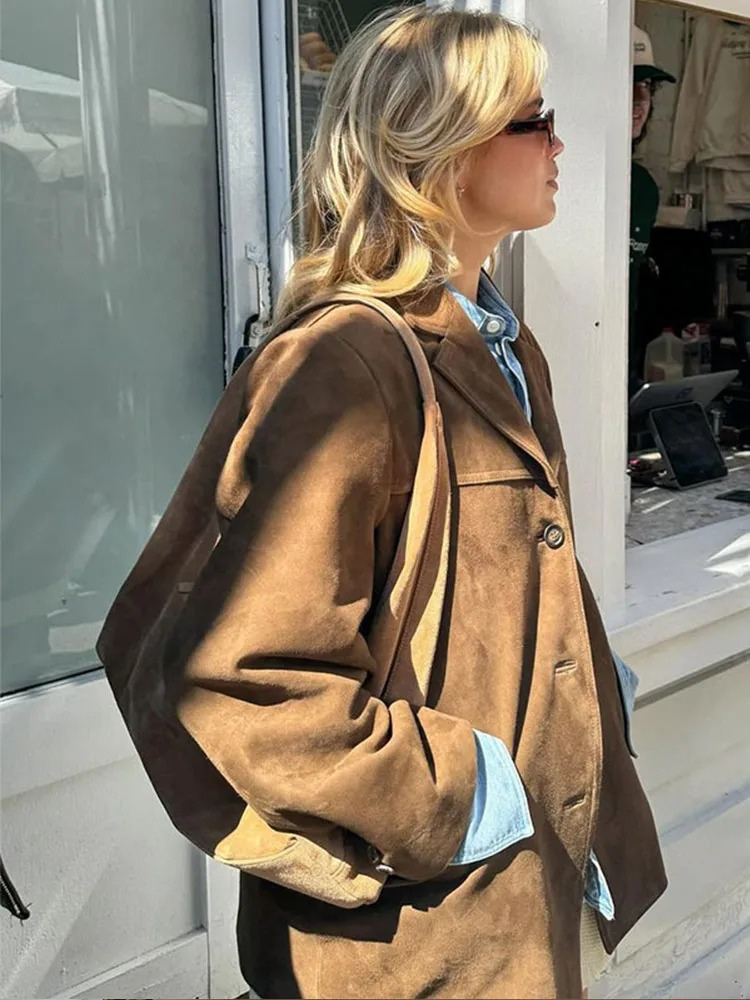 Veste Blazer Oversize Élégante en Daim Marron pour Femme – Confort
