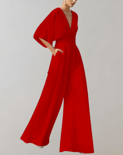 Combinaison Élégante à Col en V et Jambes Larges pour Femme – Tenue Confortable et Stylée