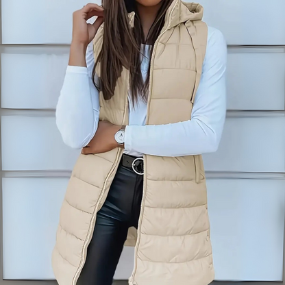 Doudoune longue sans manches femme – Gilet matelassé à capuche léger et chaud