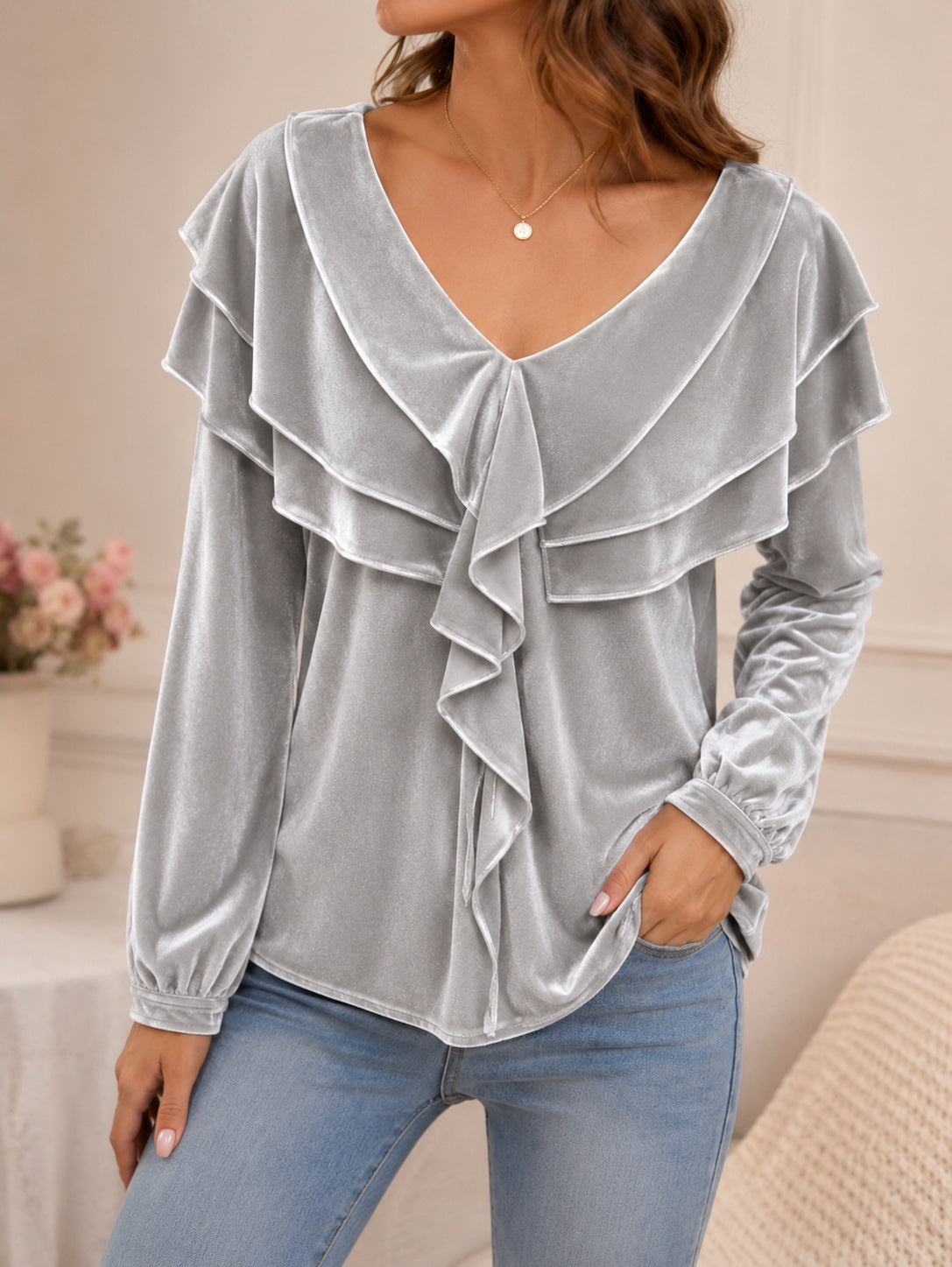 Women's Velvet Top with V-Neck and Ruffles – Elegant, Chic, Feminine Style
