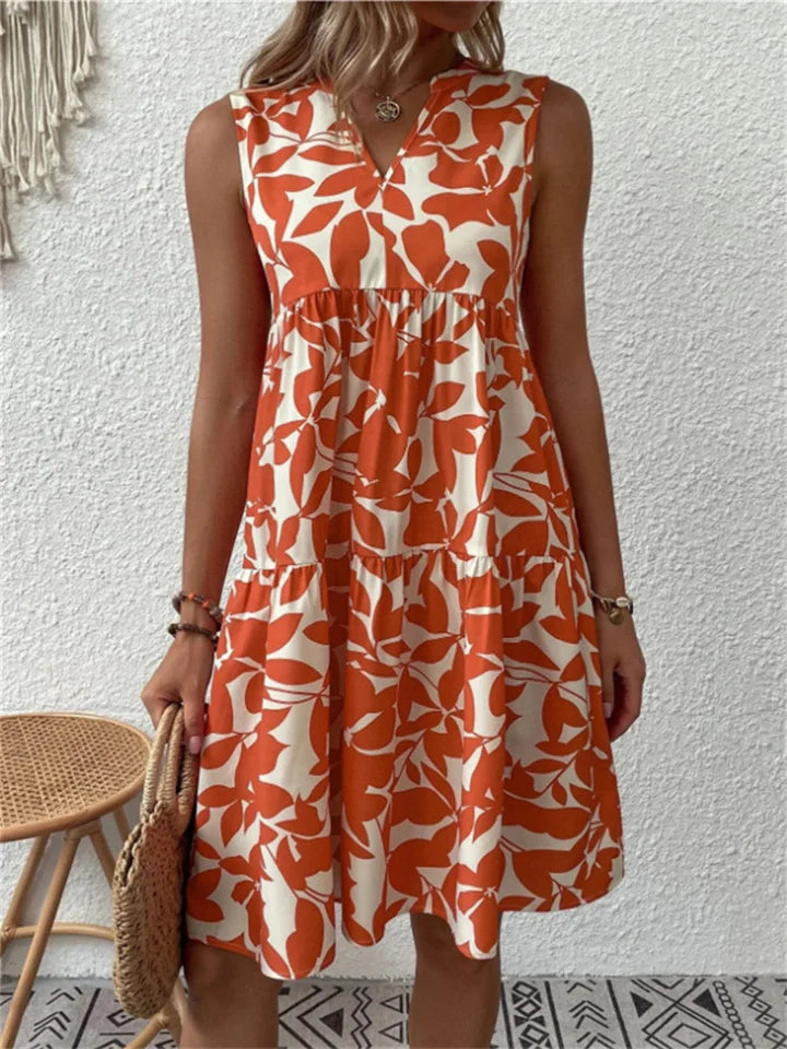 Robe Midi Fleurie Sans Manches pour Femme – Robe d’Été à Volants et Col en V