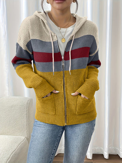 Women's zip-up color-block hooded cardigan - Comfortable and modern