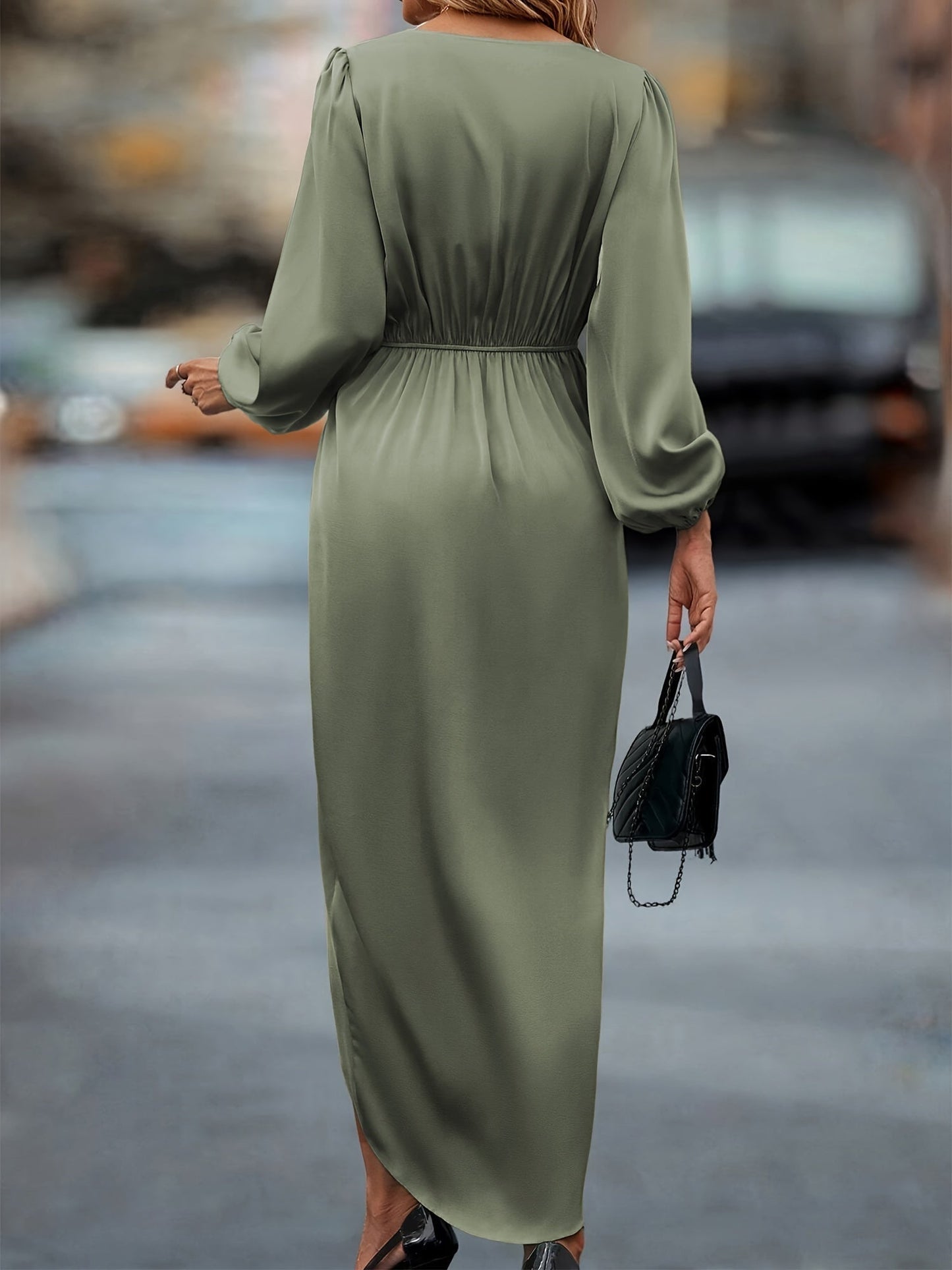 Robe élégante en satin à manches ballon et ourlet asymétrique pour femme – Robe de soirée fluide mi-longue flatteuse invitée