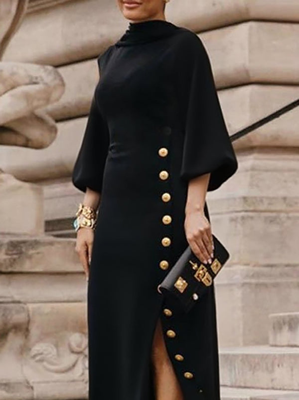 Robe Longue à Manches Bouffantes pour Femme – Élégante Fente Latérale