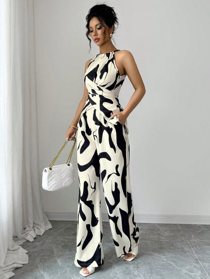 Combinaison femme dos nu imprimé noir et blanc