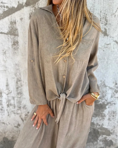 Ensemble Deux-Pièces Femme Décontracté et Tendance – Chemise à Manches et Pantalon Large Confortable