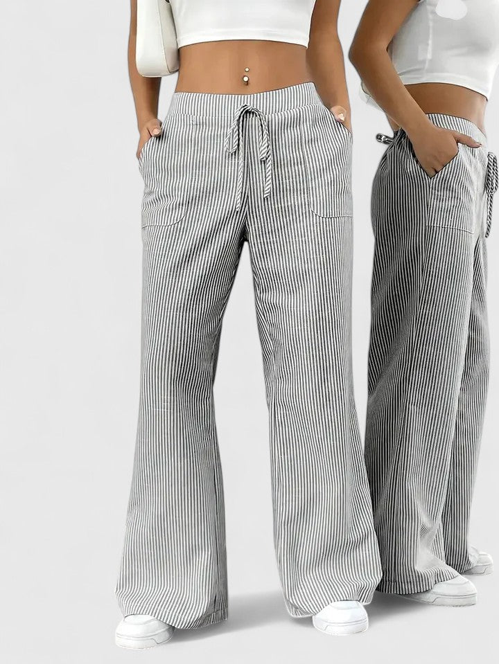 Pantalon Large Confortable Élégant Femme – Style Rayé avec Cordon