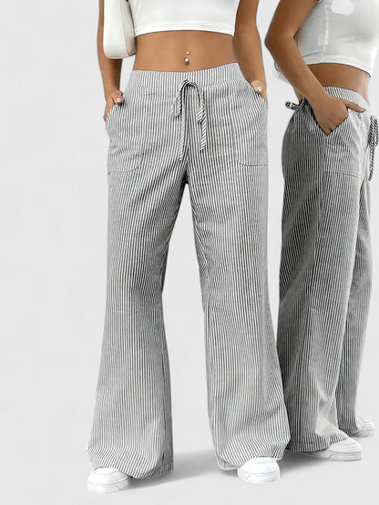 Pantalon Large Confortable Élégant Femme – Style Rayé avec Cordon