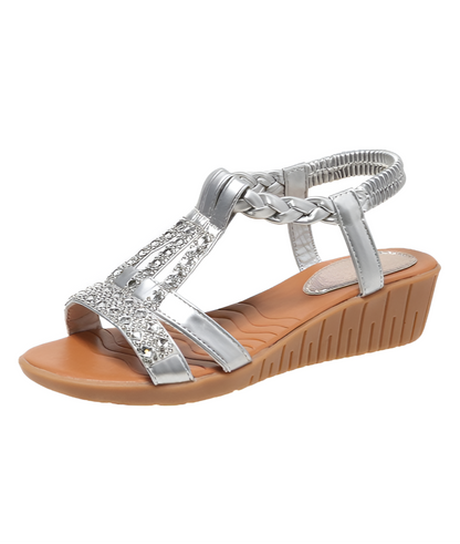 Sandales compensées boho élégantes pour femme avec strass – Ouvertes et confortables pour l’été