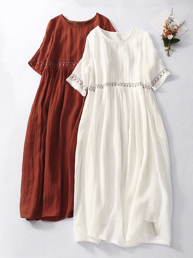 Robe Maxi Décontractée en Lin Blanc Brodé Pour Femmes – Été, Tenue de Plage