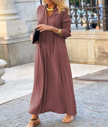 Robe Maxi Femme Coupe Décontractée à Col V – Style Élégant à Manches Longues