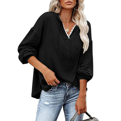 Sudadera de mujer con capucha, cuello en V de encaje y mangas largas
