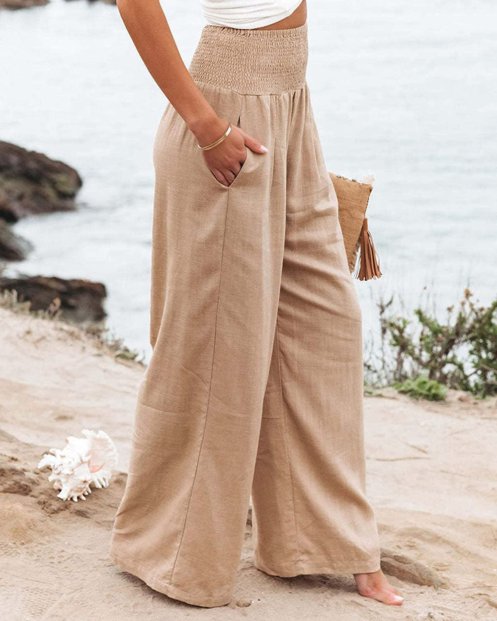 Pantalon en lin femme été – Taille élastique et coupe large fluide