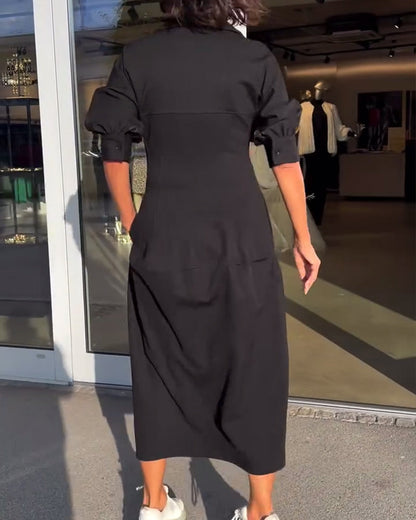 Robe Midi Femme à Col et Décolleté V – Coupe Élégante et Décontractée avec Poches pour un Confort Quotidien