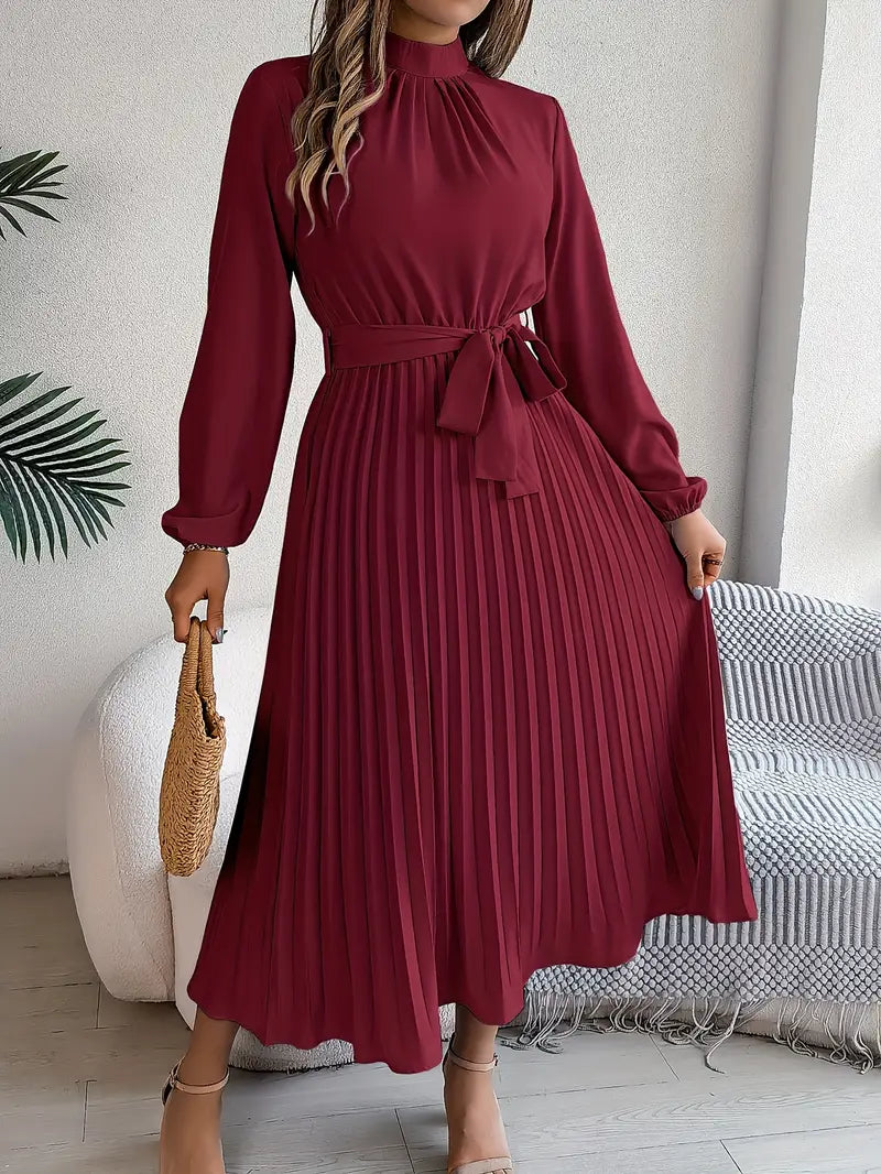 Robe Midi Femme Élégante Plissée Ceinturée – Manches Longues Style A-Line
