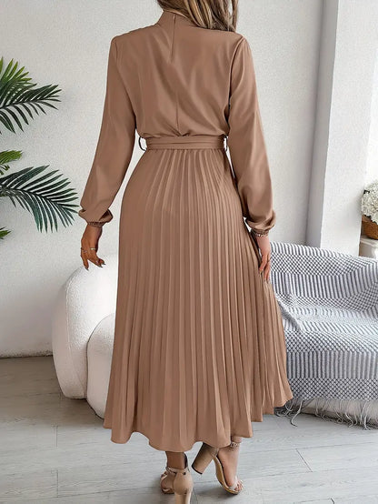 Robe Midi Femme Élégante Plissée Ceinturée – Manches Longues Style A-Line