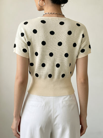 Top maille femme col V a pois - Leger et charmant